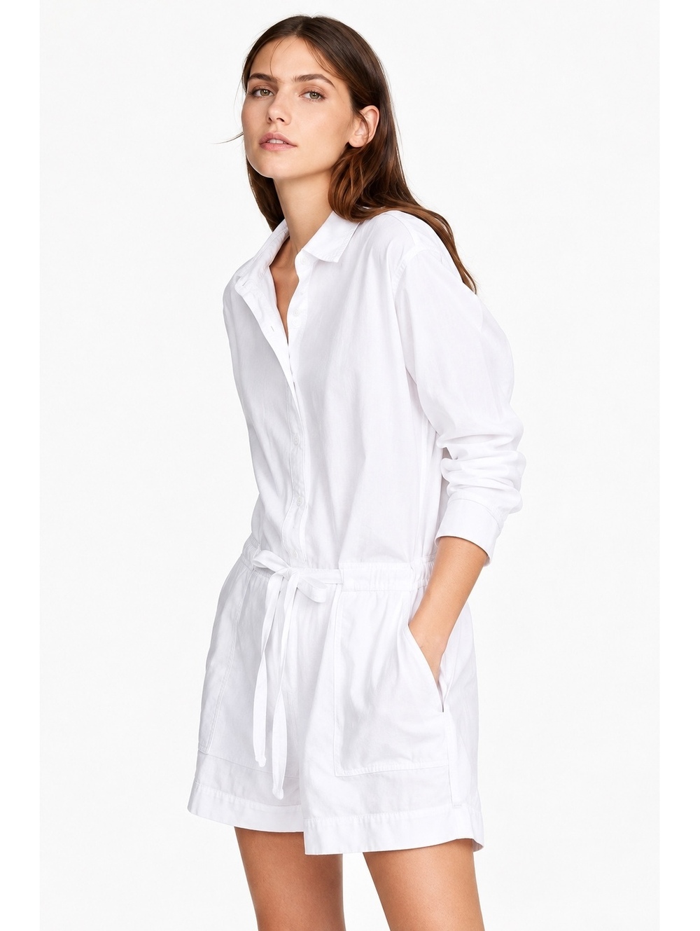 Xirena Georgie White Cotton Utility Romper XS Long Sleeve Drawstring Coastal